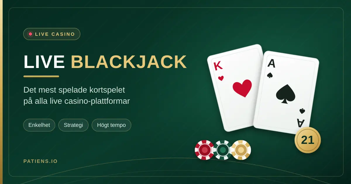 Grafik för live blackjack med korten hjärterkung och spaderess, casinomarker och en guldbricka med siffran 21 mot en mörkgrön bakgrund.