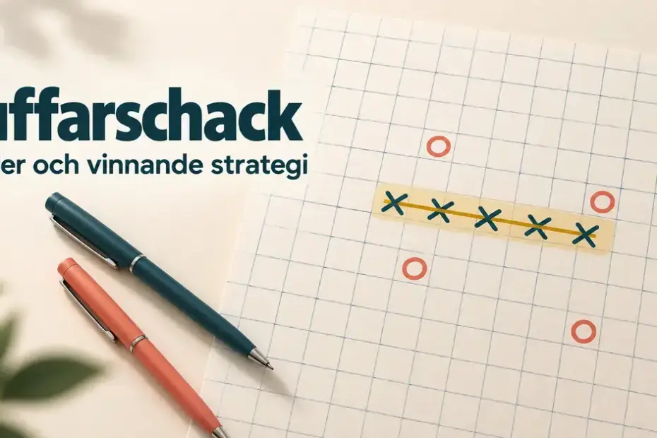 Fem kryss i rad markerar en vinst i luffarschack på rutat papper, med ringar, två pennor och rubriken ”Luffarschack – Regler och vinnande strategi”.