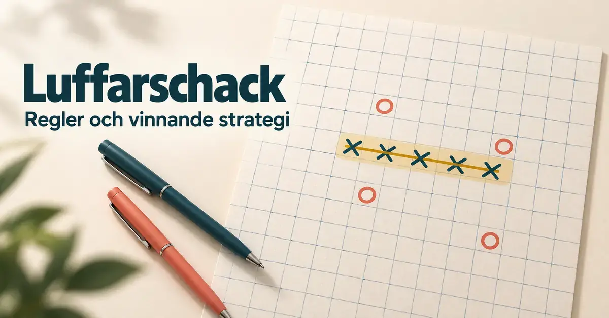 Fem kryss i rad markerar en vinst i luffarschack på rutat papper, med ringar, två pennor och rubriken ”Luffarschack – Regler och vinnande strategi”.