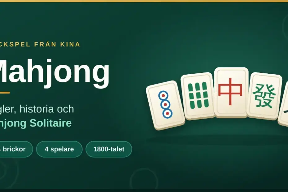 Fem mahjongbrickor med cirkel-, bambu- och teckenmotiv utlagda i en solfjäder mot mörkgrön bakgrund, bredvid texten "Mahjong – regler, historia och Mahjong Solitaire".