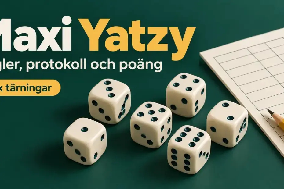 Sex vita tärningar intill ett poängprotokoll och en penna på grön bakgrund med texten ”Maxi Yatzy – Regler, protokoll och poäng”.