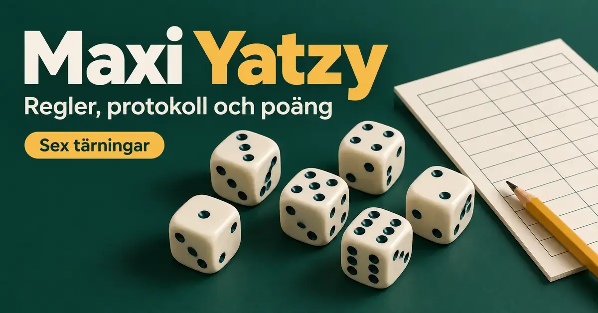 Sex vita tärningar intill ett poängprotokoll och en penna på grön bakgrund med texten ”Maxi Yatzy – Regler, protokoll och poäng”.