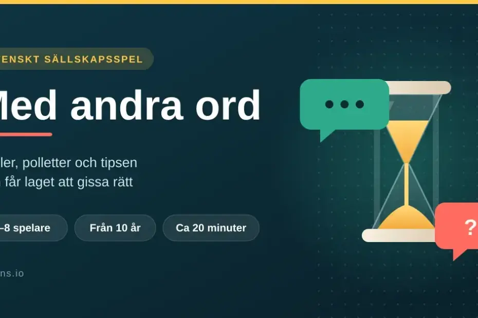 Grafik med texten "Med andra ord" bredvid ett timglas med rinnande sand och pratbubblor, som illustrerar det svenska sällskapsspelet för 4–8 spelare från 10 år med cirka 20 minuters speltid.