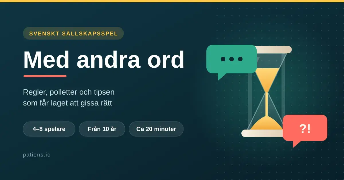 Grafik med texten "Med andra ord" bredvid ett timglas med rinnande sand och pratbubblor, som illustrerar det svenska sällskapsspelet för 4–8 spelare från 10 år med cirka 20 minuters speltid.