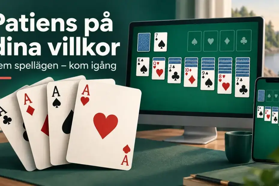 Fyra ess framför en dator och en mobil med patiensspel, med texten ”Patiens på dina villkor” och ”Fem spellägen – kom igång”.