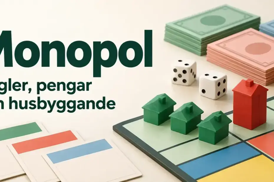 Illustration med texten ”Monopol – Regler, pengar och husbyggande”, gröna hus, ett rött hotell, spelpengar och tärningar på en spelplan.