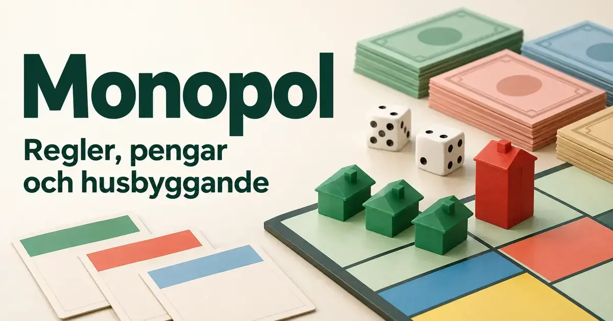 Illustration med texten ”Monopol – Regler, pengar och husbyggande”, gröna hus, ett rött hotell, spelpengar och tärningar på en spelplan.