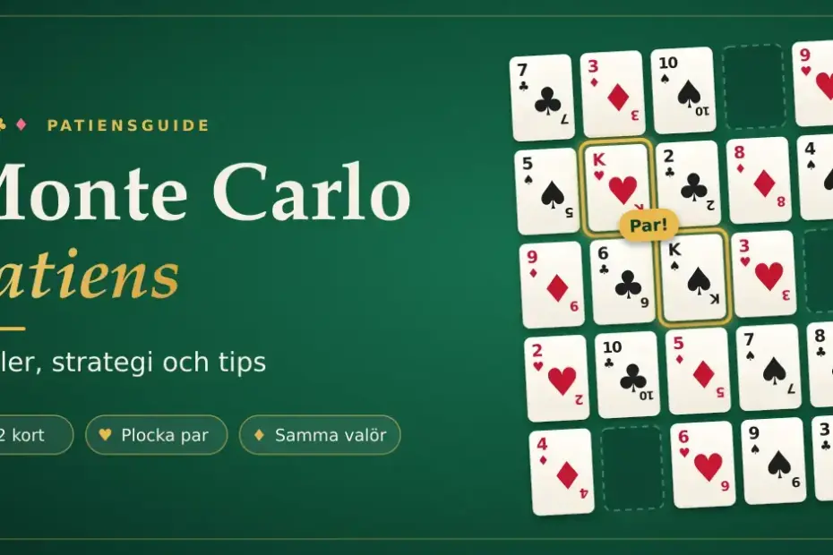 Grön speltablå med texten "Monte Carlo patiens – Regler, strategi och tips" bredvid en Monte Carlo-patiens med 5 × 5 kort, där två kungar som ligger diagonalt intill varandra är markerade som ett par.