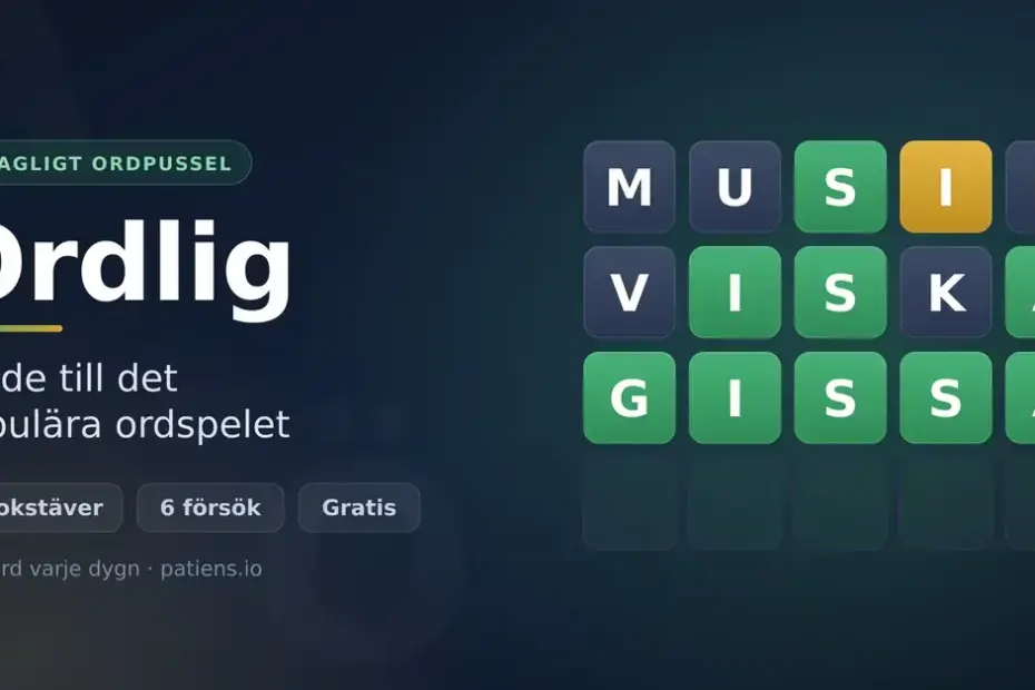 Grafik för Ordlig med rutnät av gröna, gula och grå bokstavsrutor som visar gissningarna MUSIK, VISKA och det rätta ordet GISSA, samt texten "Ordlig – guide till det populära ordspelet".