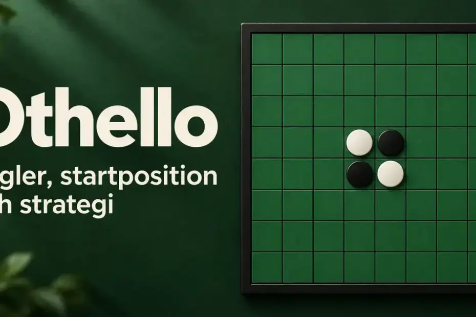 Othellobräde med två svarta och två vita brickor i startposition samt texten ”Othello – Regler, startposition och strategi” mot en mörkgrön bakgrund.