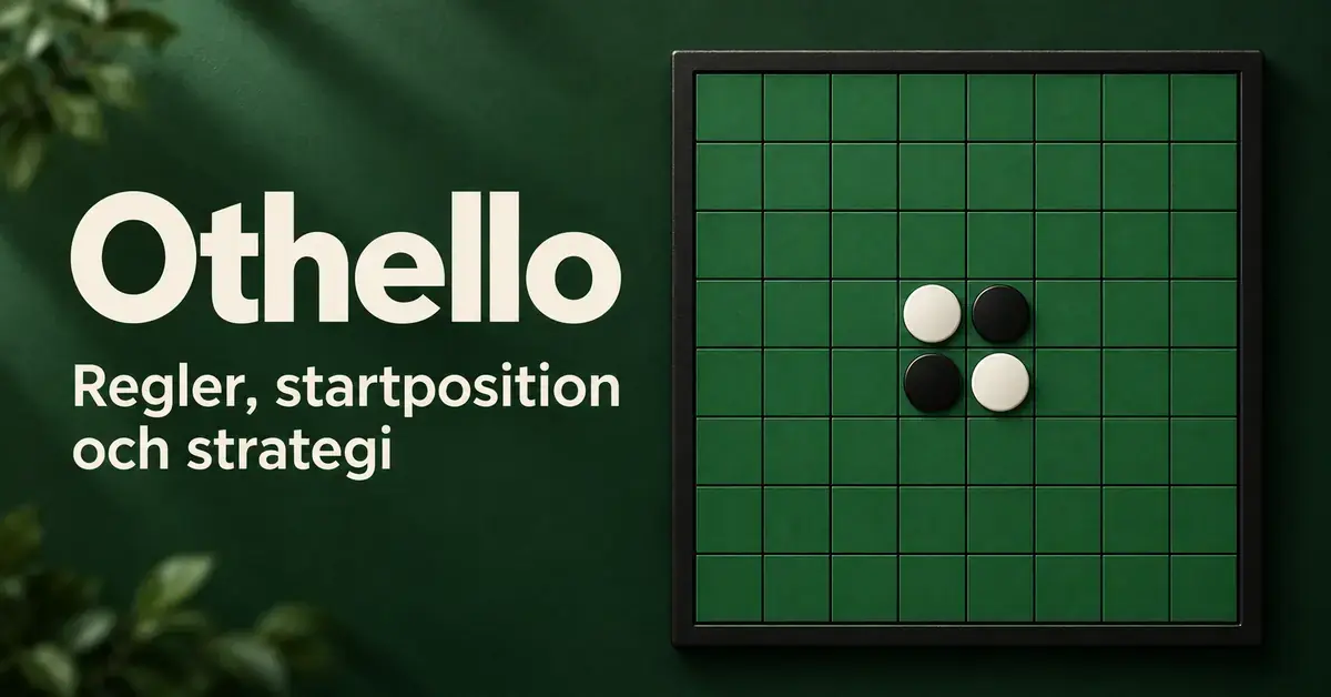 Othellobräde med två svarta och två vita brickor i startposition samt texten ”Othello – Regler, startposition och strategi” mot en mörkgrön bakgrund.