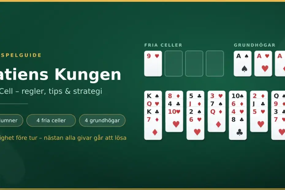 Grafik för artikeln om Patiens Kungen (FreeCell) med en spelplan i grönt filtbord som visar fyra fria celler, fyra grundhögar med ess och åtta kortkolumner.