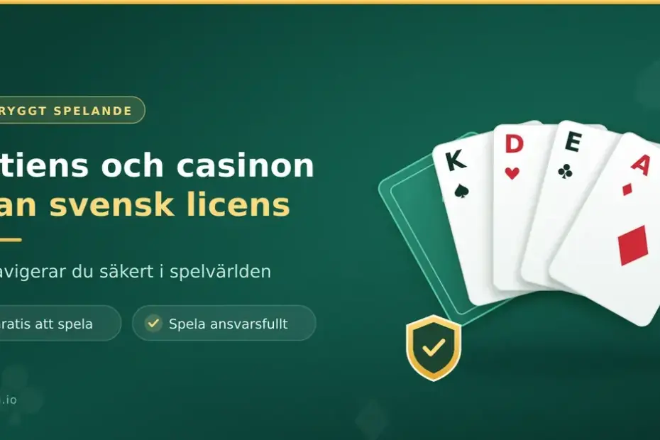 Grafik med spelkort i solfjäder och en sköld med bock, tillsammans med texten "Patiens och casinon utan svensk licens – så navigerar du säkert i spelvärlden".