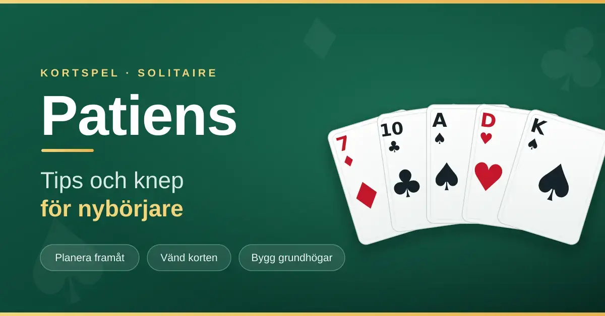 En solfjäder av spelkort på grön filtduk med texten ”Patiens – tips och knep för nybörjare”.