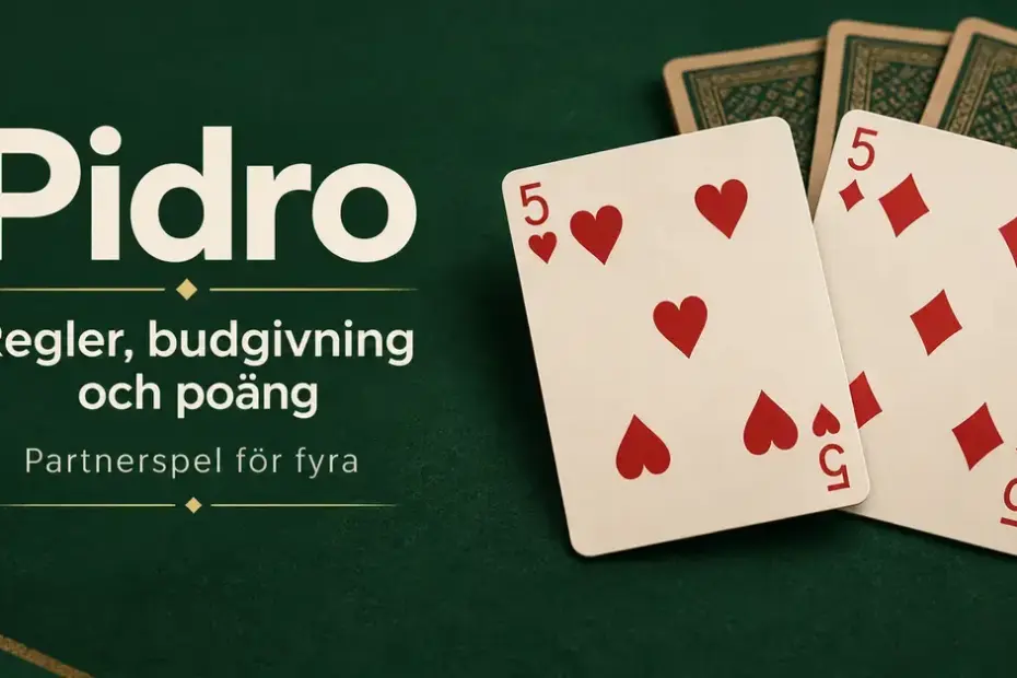 Hjärter fem och ruter fem på ett grönt spelbord intill texten ”Pidro – Regler, budgivning och poäng – Partnerspel för fyra”.