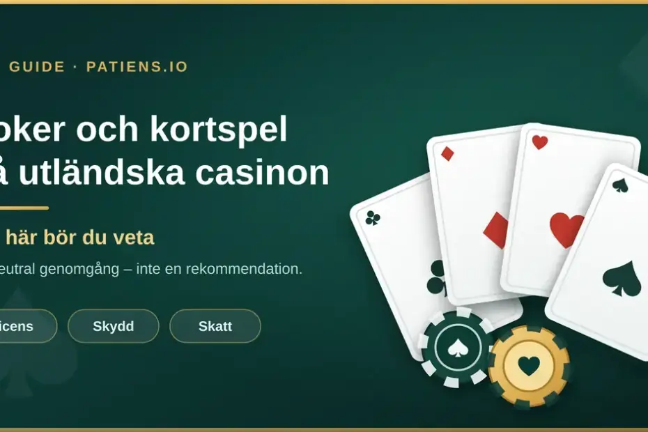 Grafik med fyra spelkort och pokermarker samt rubriken "Poker och kortspel på utländska casinon – det här bör du veta".