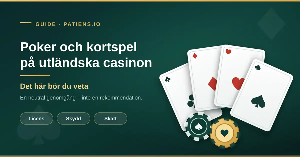 Grafik med fyra spelkort och pokermarker samt rubriken "Poker och kortspel på utländska casinon – det här bör du veta".
