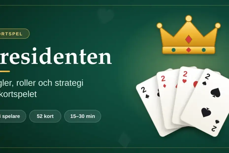 Grafisk illustration till artikeln om kortspelet Presidenten, med en guldkrona ovanför fyra solfjäderformade tvåor på grön filtbakgrund och texten ”Presidenten – regler, roller och strategi för kortspelet”.