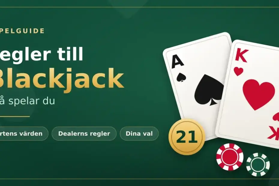 Grafik med rubriken "Regler till Blackjack – så spelar du" mot grön kasinobakgrund, med ett spaderess, en hjärterkung, spelmarker och en guldbricka med siffran 21.