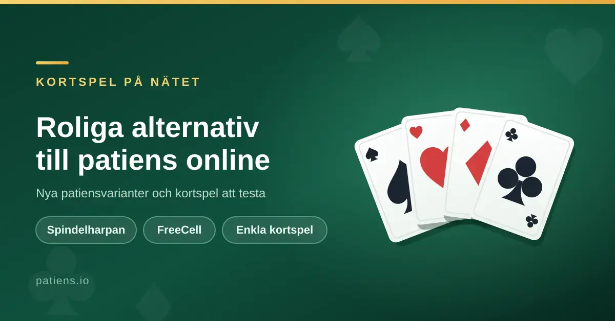 Fyra spelkort med hjärter, spader, ruter och klöver mot grön bakgrund bredvid texten "Roliga alternativ till patiens online".