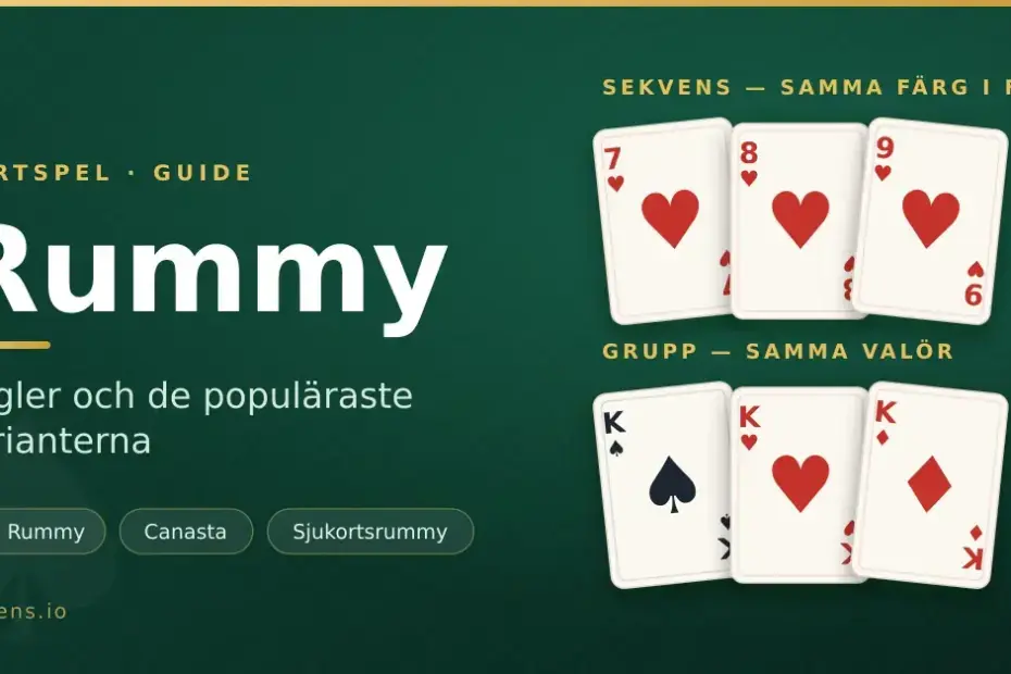 Grafik med texten "Rummy – regler och de populäraste varianterna" bredvid spelkort som visar en sekvens i hjärter och en grupp med tre kungar.