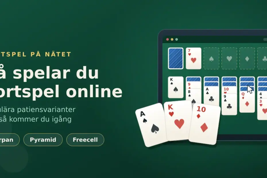 Illustration av en surfplatta med en digital patiens och tre spelkort som visar hur du spelar kortspel online.
