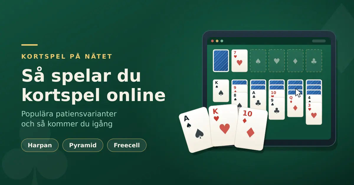 Illustration av en surfplatta med en digital patiens och tre spelkort som visar hur du spelar kortspel online.