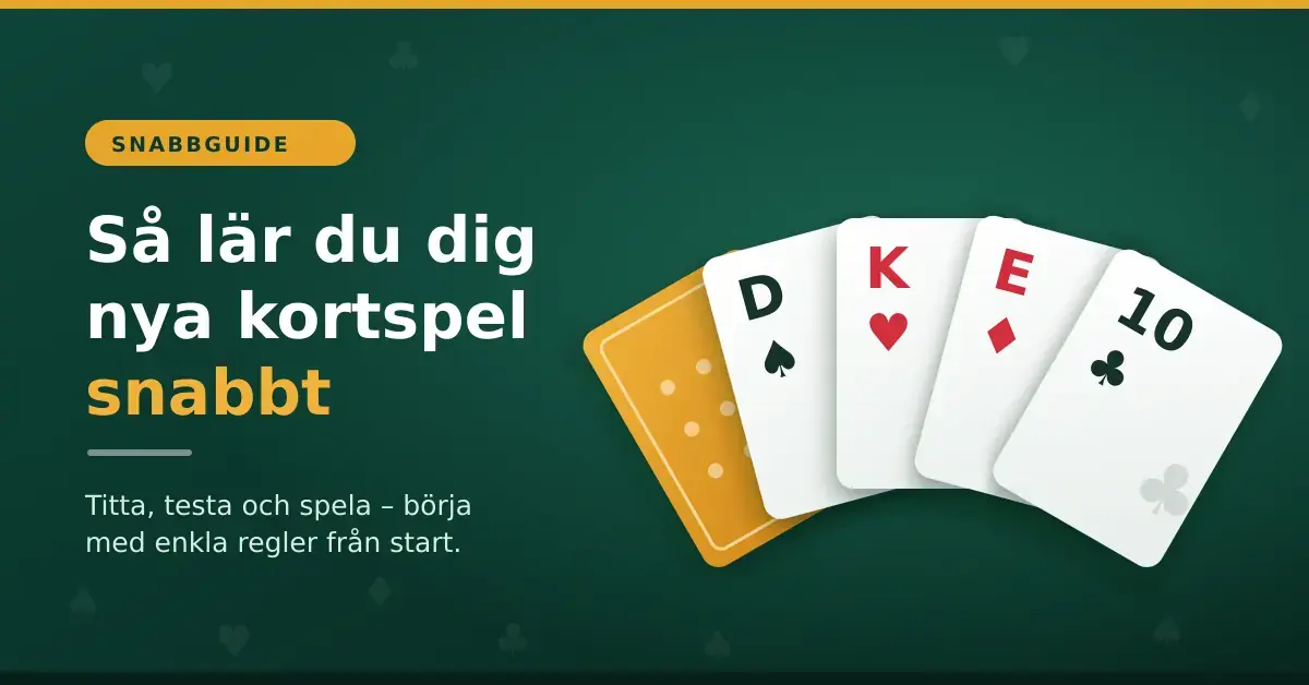 Grafik med rubriken "Så lär du dig nya kortspel snabbt" bredvid en solfjäder av spelkort med hjärter, spader, ruter och klöver mot en mörkgrön bakgrund.