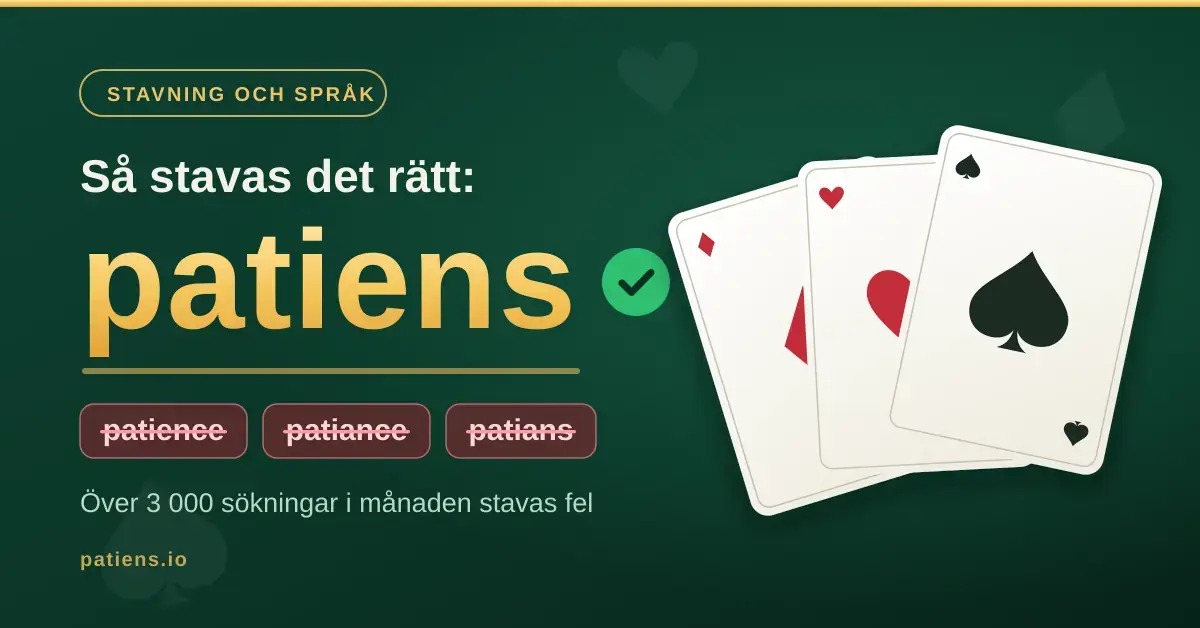 Grafik med texten "Så stavas det rätt: patiens" bredvid tre spelkort, där felstavningarna patience, patiance och patians är överstrukna.