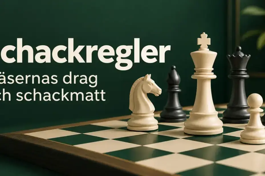 Ljusa och mörka schackpjäser på ett grönvitt schackbräde intill texten ”Schackregler – Pjäsernas drag och schackmatt”.