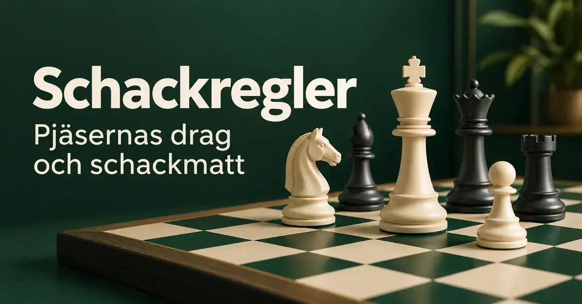 Ljusa och mörka schackpjäser på ett grönvitt schackbräde intill texten ”Schackregler – Pjäsernas drag och schackmatt”.