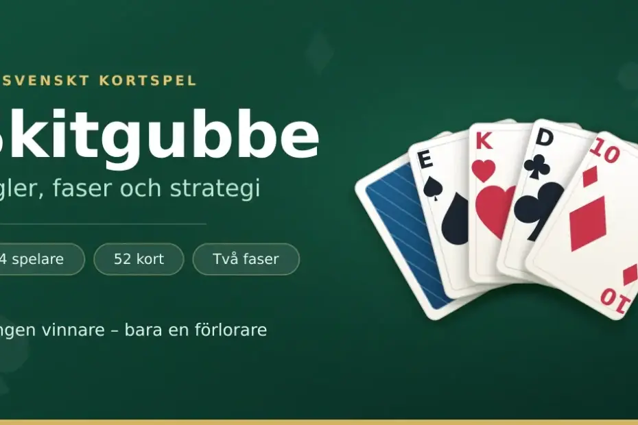 Grafik för artikeln om kortspelet Skitgubbe med en solfjäder av spelkort mot grön spelduk och texten "Skitgubbe – regler, faser och strategi".