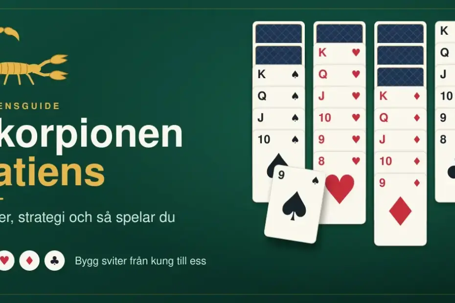 Illustration av Skorpionen patiens med en guldfärgad skorpion och texten "Skorpionen patiens – Regler, strategi och så spelar du" bredvid fyra kolumner med spelkort i fallande sviter från kung på ett grönt spelbord.