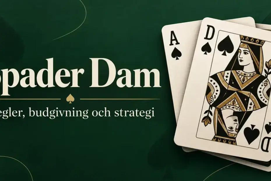 Spader dam och spader ess mot en mörkgrön bakgrund med rubriken ”Spader Dam” och texten ”Regler, budgivning och strategi”.