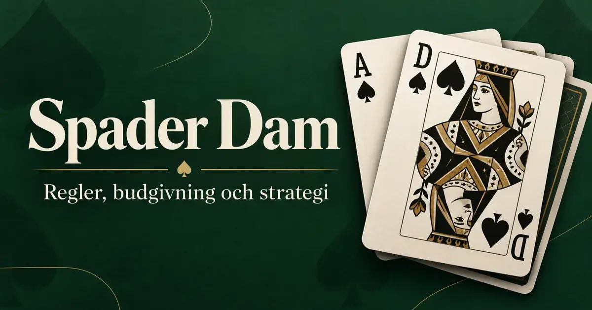 Spader dam och spader ess mot en mörkgrön bakgrund med rubriken ”Spader Dam” och texten ”Regler, budgivning och strategi”.