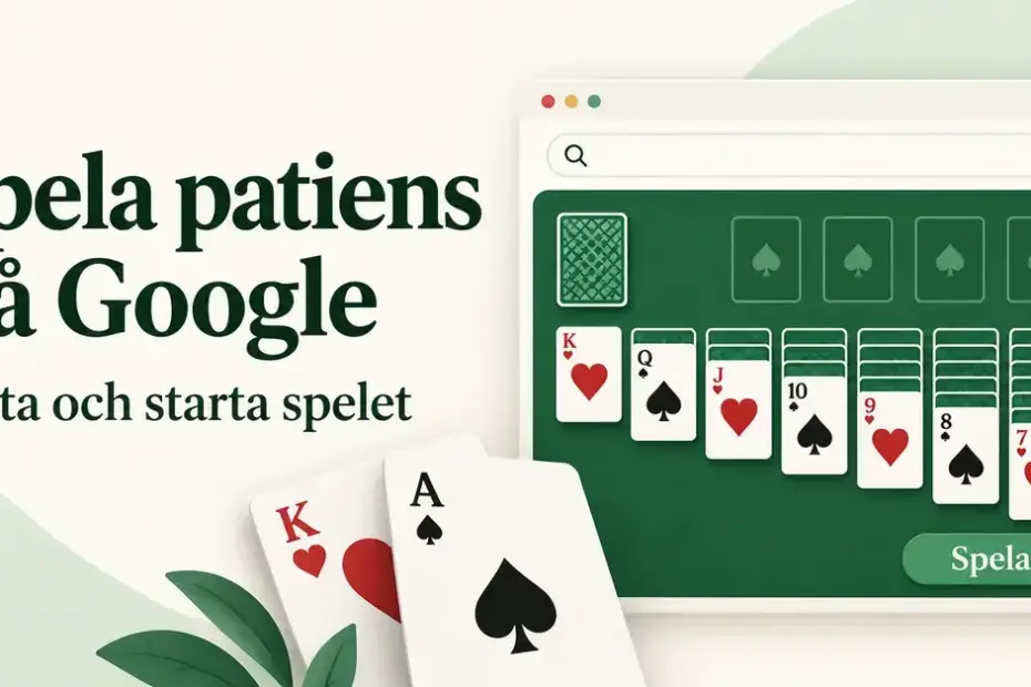 Illustration av patiens i ett webbläsarfönster med grönt spelbord och texten ”Spela patiens på Google – Hitta och starta spelet”.