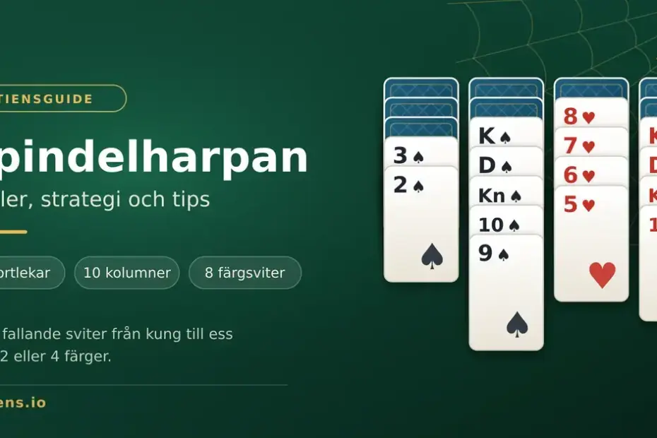 Grafik för artikeln om Spindelharpan: fyra kolumner med spelkort där kung, dam, knekt, tio och nio i spader ligger i fallande svit, med ett spindelnät och en spindel i hörnet och texten "Spindelharpan – regler, strategi och tips".
