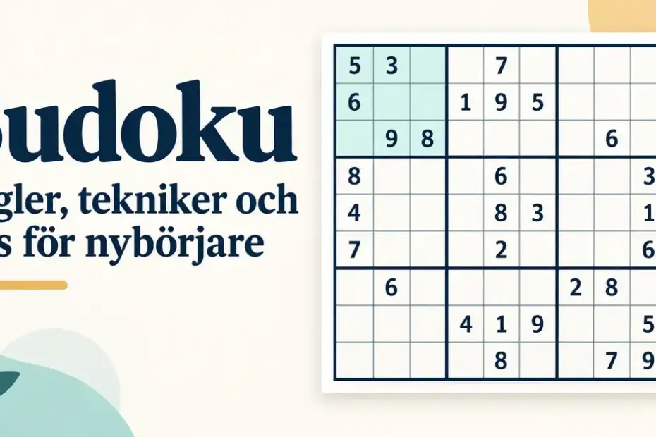 Ett delvis ifyllt sudokurutnät med en penna bredvid rubriken ”Sudoku – Regler, tekniker och tips för nybörjare”.