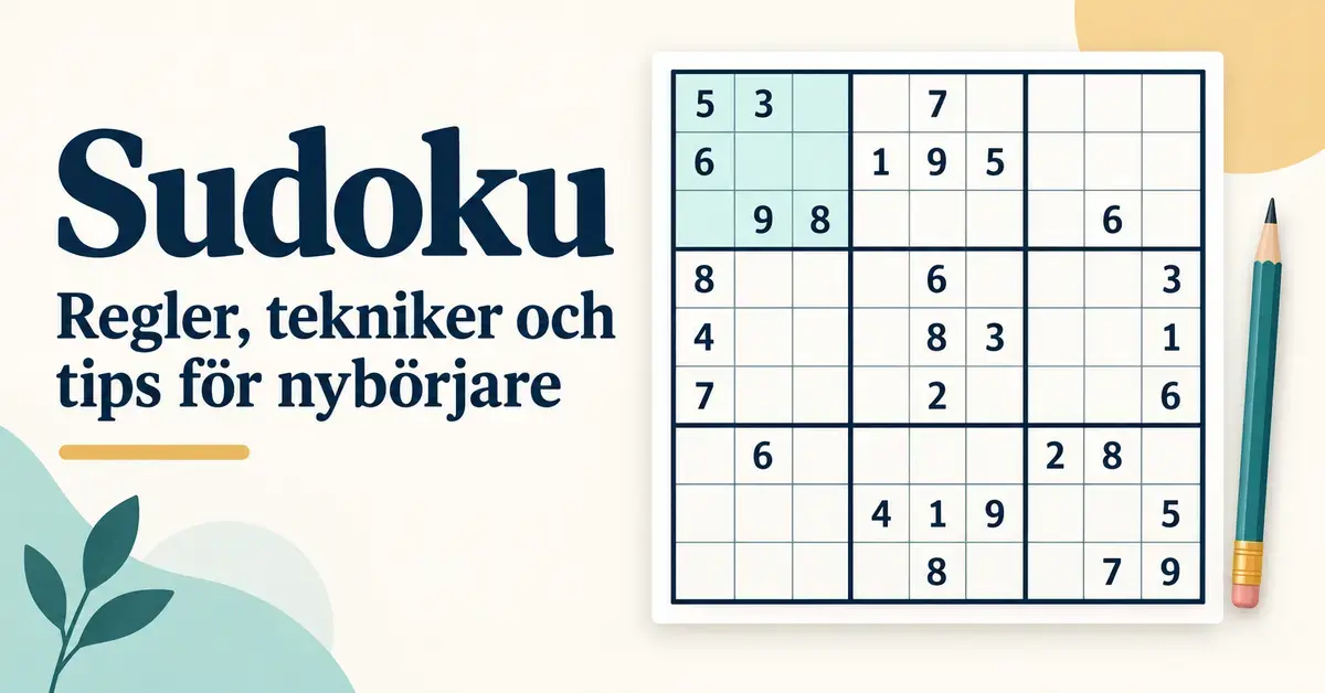Ett delvis ifyllt sudokurutnät med en penna bredvid rubriken ”Sudoku – Regler, tekniker och tips för nybörjare”.