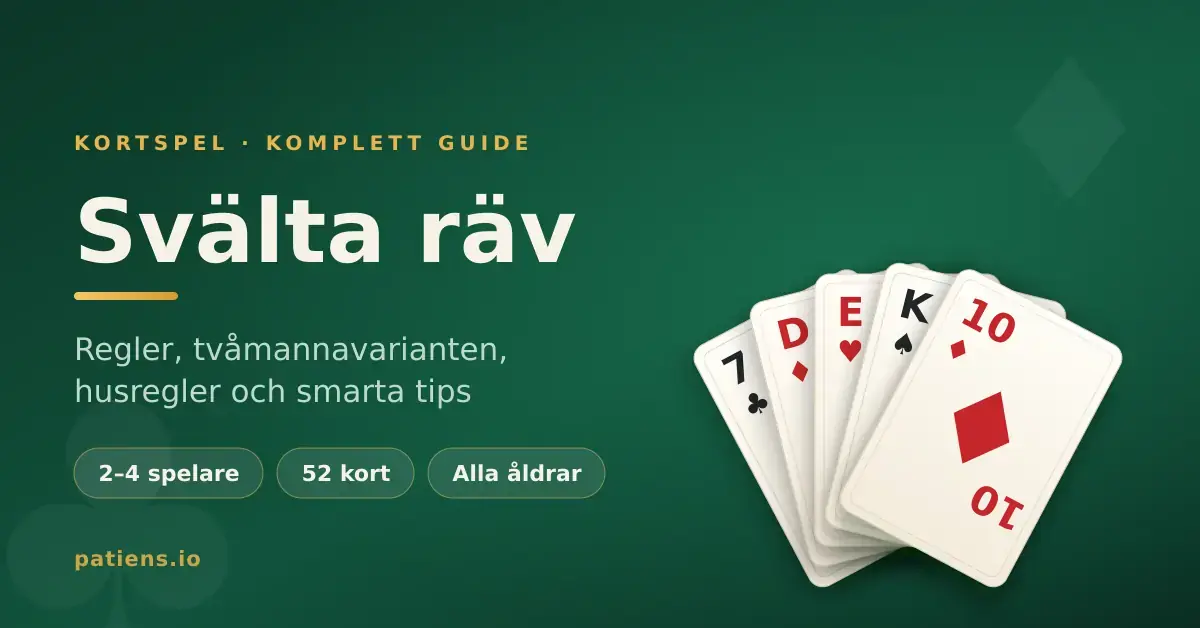 Grafik med texten "Svälta räv – kortspel, komplett guide" mot mörkgrön bakgrund och en solfjäder av spelkort i hjärter, ruter, spader och klöver.