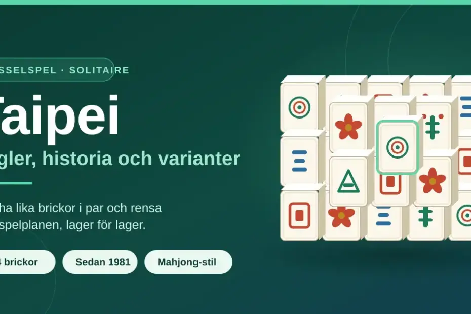 Grafik med rubriken "Taipei – regler, historia och varianter" bredvid en staplad spelplan med mahjongbrickor i flera lager.