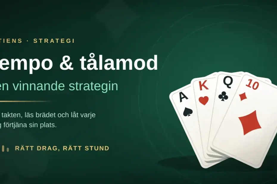 Grafik med rubriken "Tempo & tålamod – den vinnande strategin" bredvid en solfjäder av spelkort mot en mörkgrön spelduk.