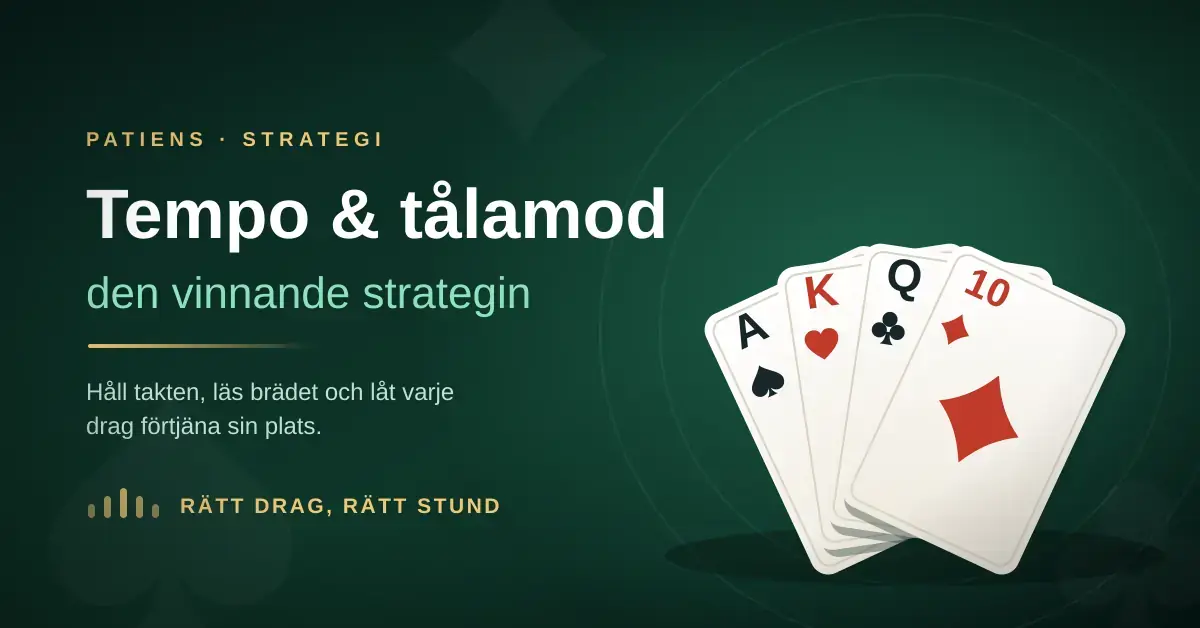 Grafik med rubriken "Tempo & tålamod – den vinnande strategin" bredvid en solfjäder av spelkort mot en mörkgrön spelduk.
