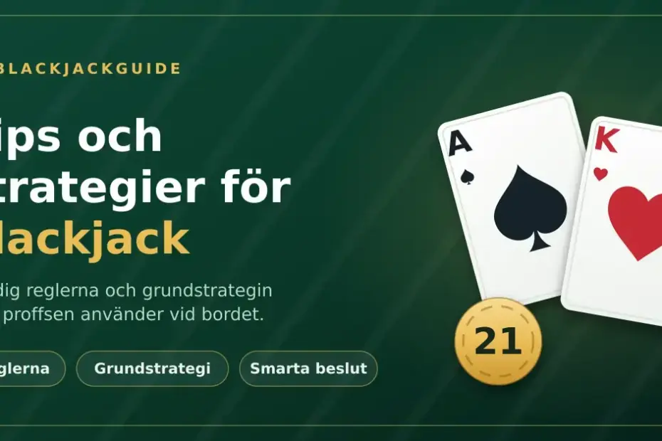 Grafik med texten "Tips och strategier för blackjack" bredvid ett spaderess och en hjärterkung samt en gyllene spelmark med siffran 21.