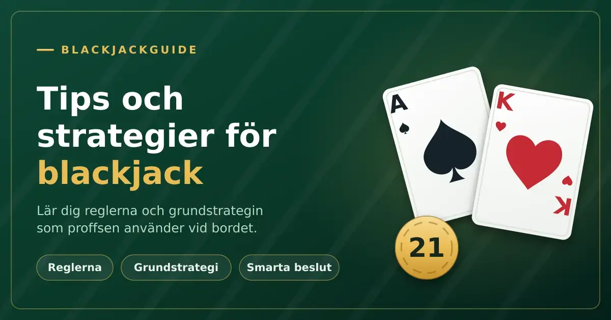 Grafik med texten "Tips och strategier för blackjack" bredvid ett spaderess och en hjärterkung samt en gyllene spelmark med siffran 21.