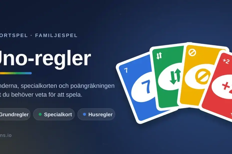 En solfjäder av färgglada spelkort i blått, grönt, gult och rött med siffra, riktningsbyte, stopptecken och plus två, bredvid rubriken "Uno-regler" och orden Grundregler, Specialkort och Husregler.