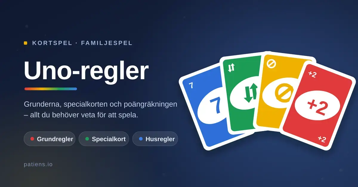 En solfjäder av färgglada spelkort i blått, grönt, gult och rött med siffra, riktningsbyte, stopptecken och plus två, bredvid rubriken "Uno-regler" och orden Grundregler, Specialkort och Husregler.