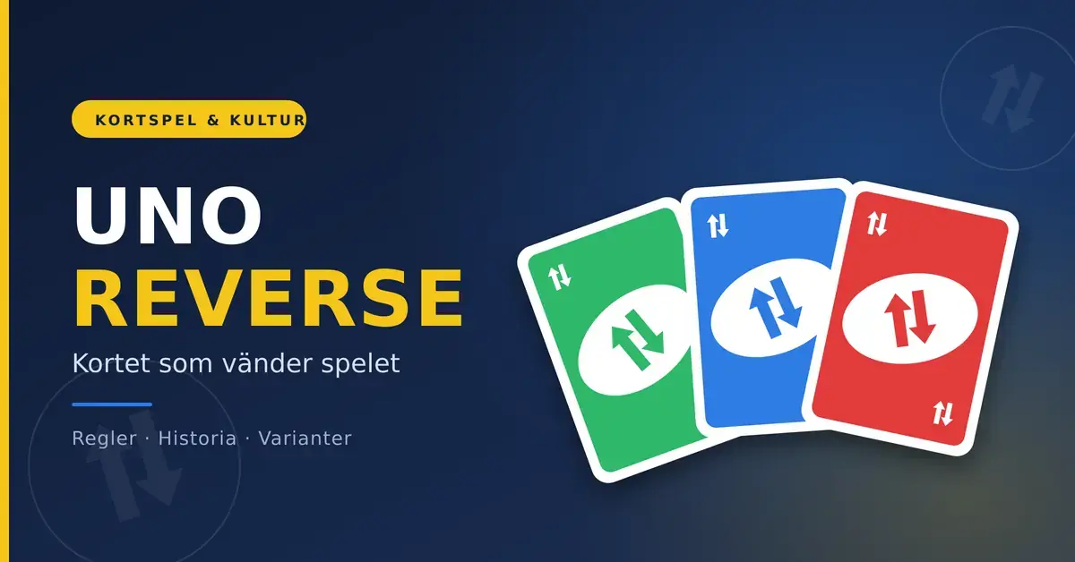 Grafik med tre färgglada spelkort som visar Uno reverse-symbolen med två motriktade pilar, bredvid rubriken ”Uno Reverse – kortet som vänder spelet”.
