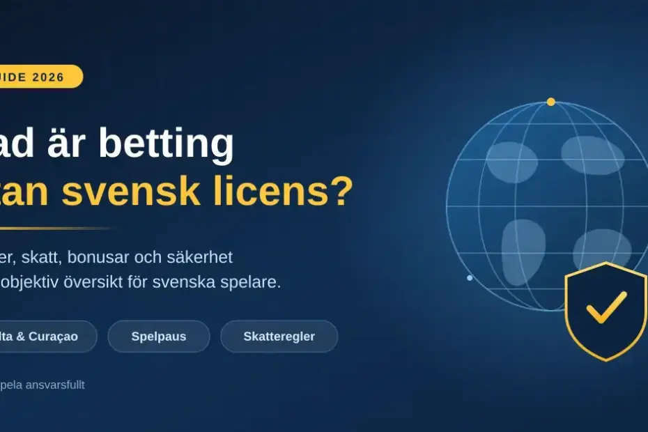 Grafik med rubriken "Vad är betting utan svensk licens?" bredvid ett jordklot och en sköld med bock, samt etiketterna Malta & Curaçao, Spelpaus och Skatteregler.