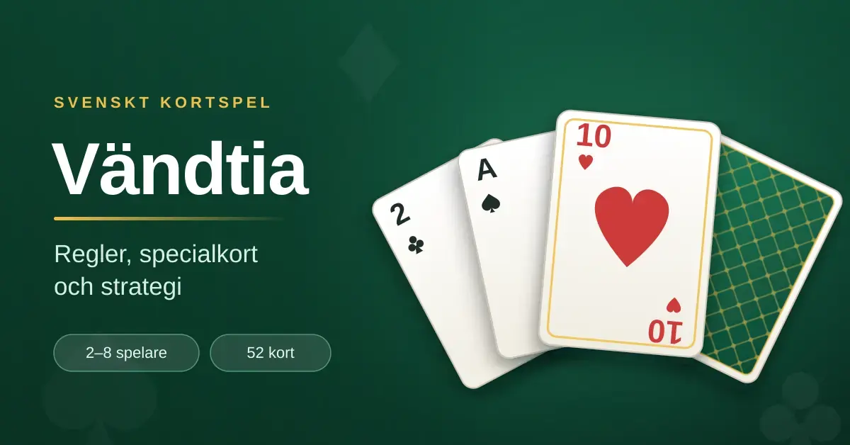 Illustration av kortspelet Vändtia med en solfjäder av spelkort där hjärter tio ligger överst, samt texten "Vändtia – regler, specialkort och strategi".